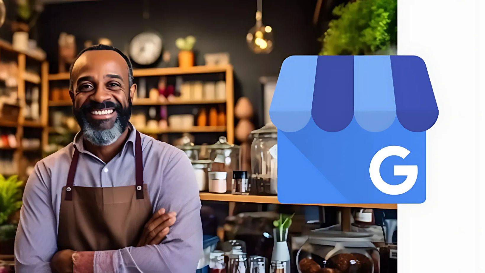 Small business owner standing confidently in shop with Google My Business logo, representing successful Google My Business optimization.