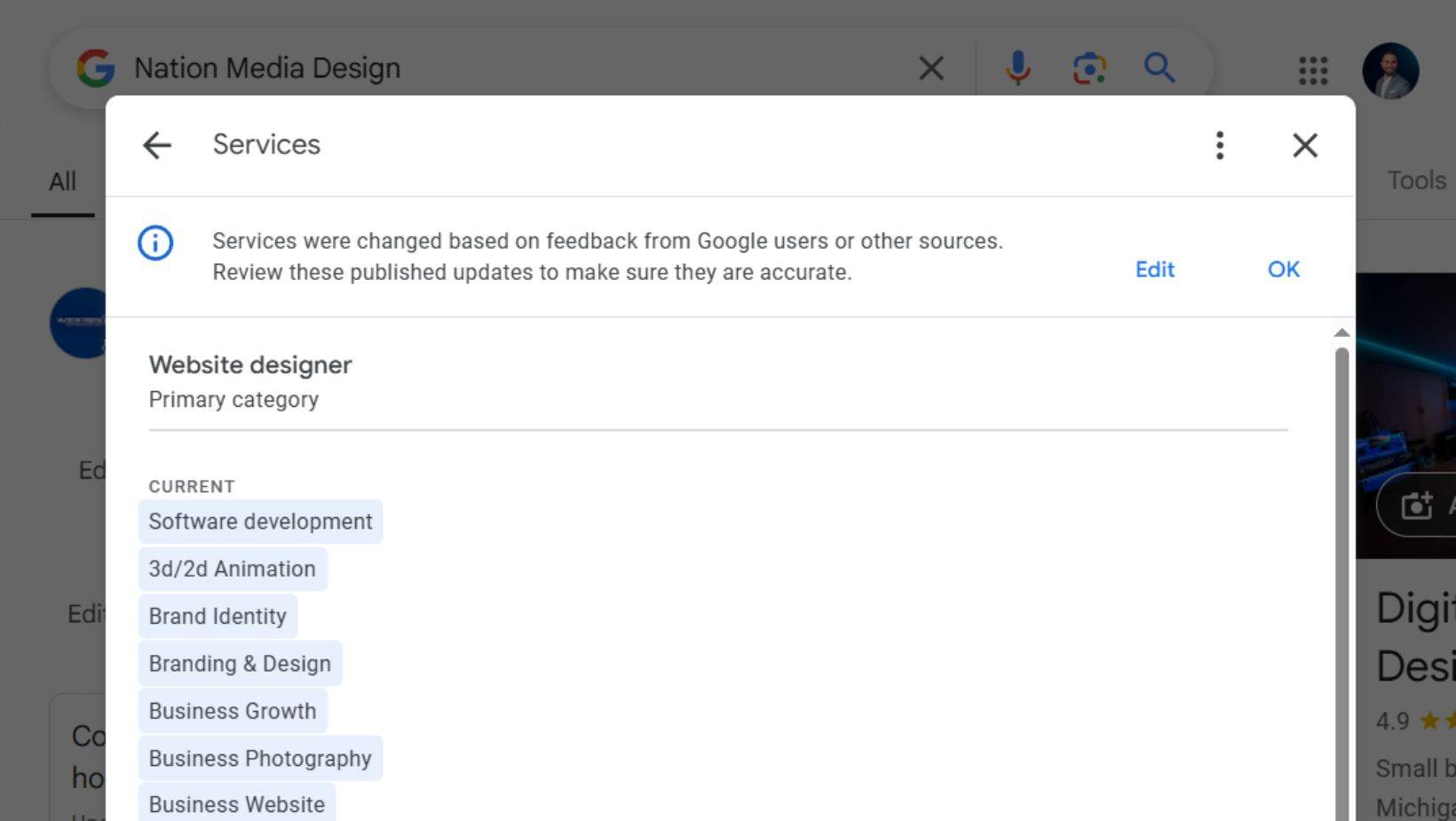 Google My Business service category settings for a web design company, showing how to optimize categories.