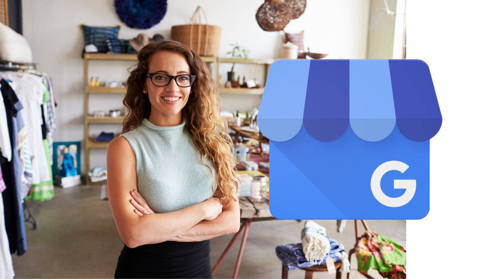google seo for service businesses. Small business owner standing confidently in her shop with Google Business Profile logo, representing Google SEO for local businesses