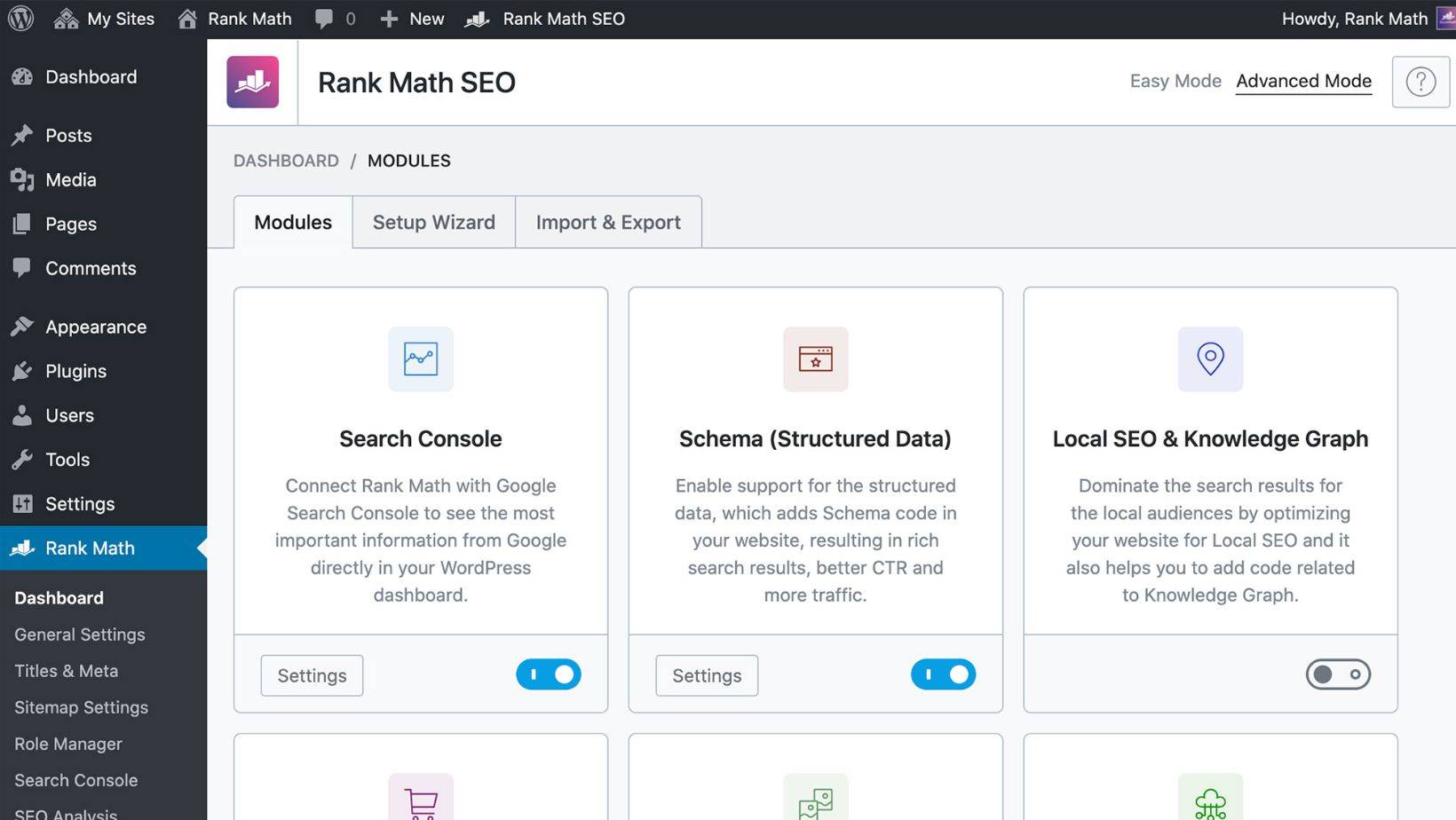 Rank Math SEO dashboard with schema markup and local SEO settings for Google optimization