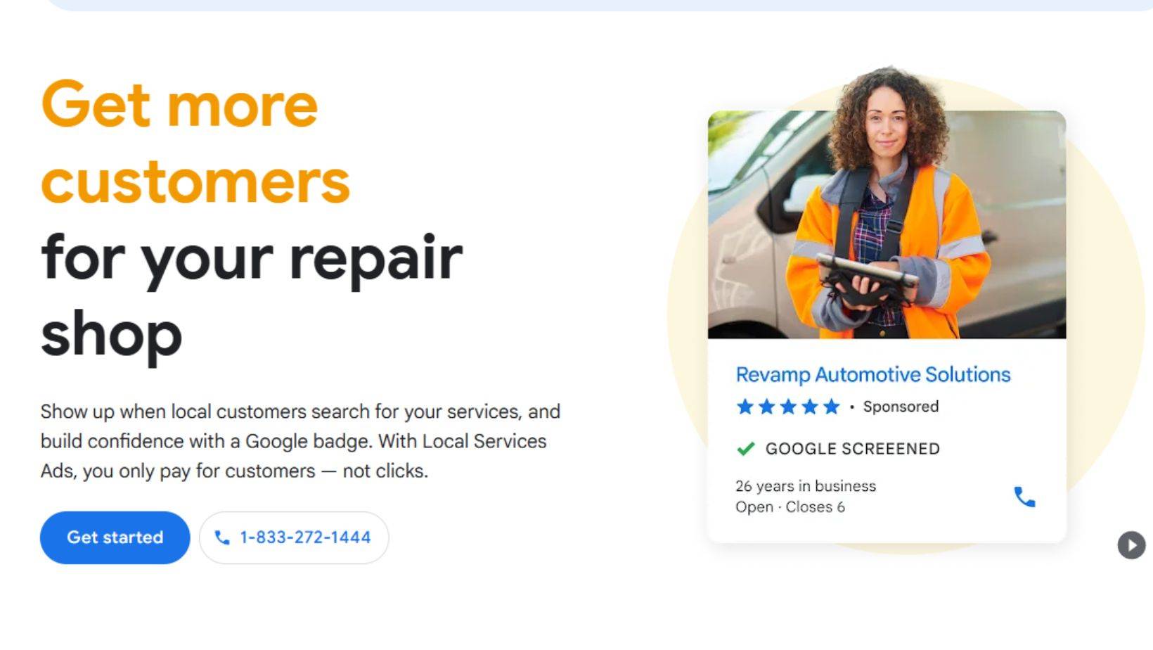Google Local Services Ads example for repair shop with Google Screened badge and lead generation tools