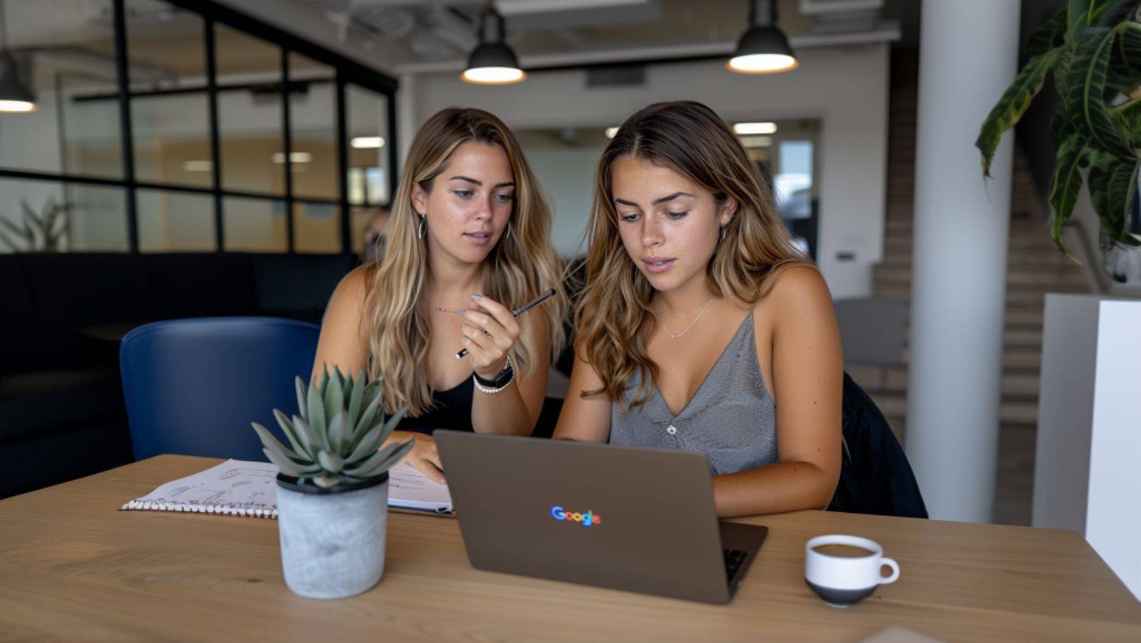 Googles Quality Rankings , two marketers discussing keywords and context on a Google laptop