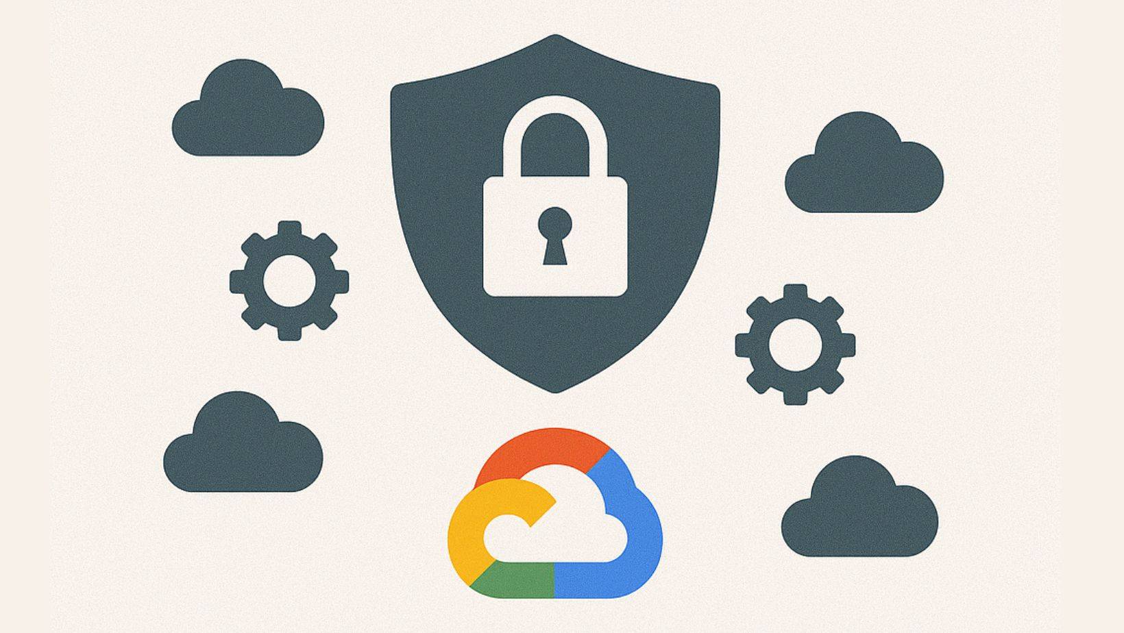 Cloudflare DDoS protection, Secure resilient Google Cloud infrastructure icon: shield with padlock surrounded by cloud and gear symbols