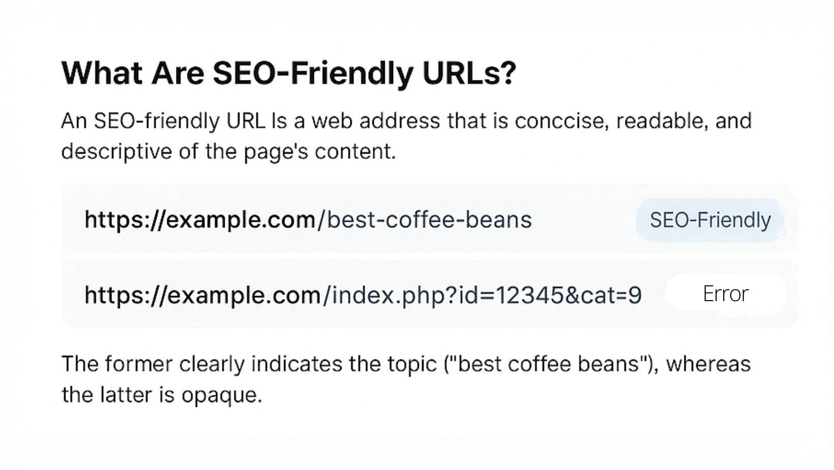 Visual comparison of an SEO friendly URL versus a dynamic URL with query parameters.