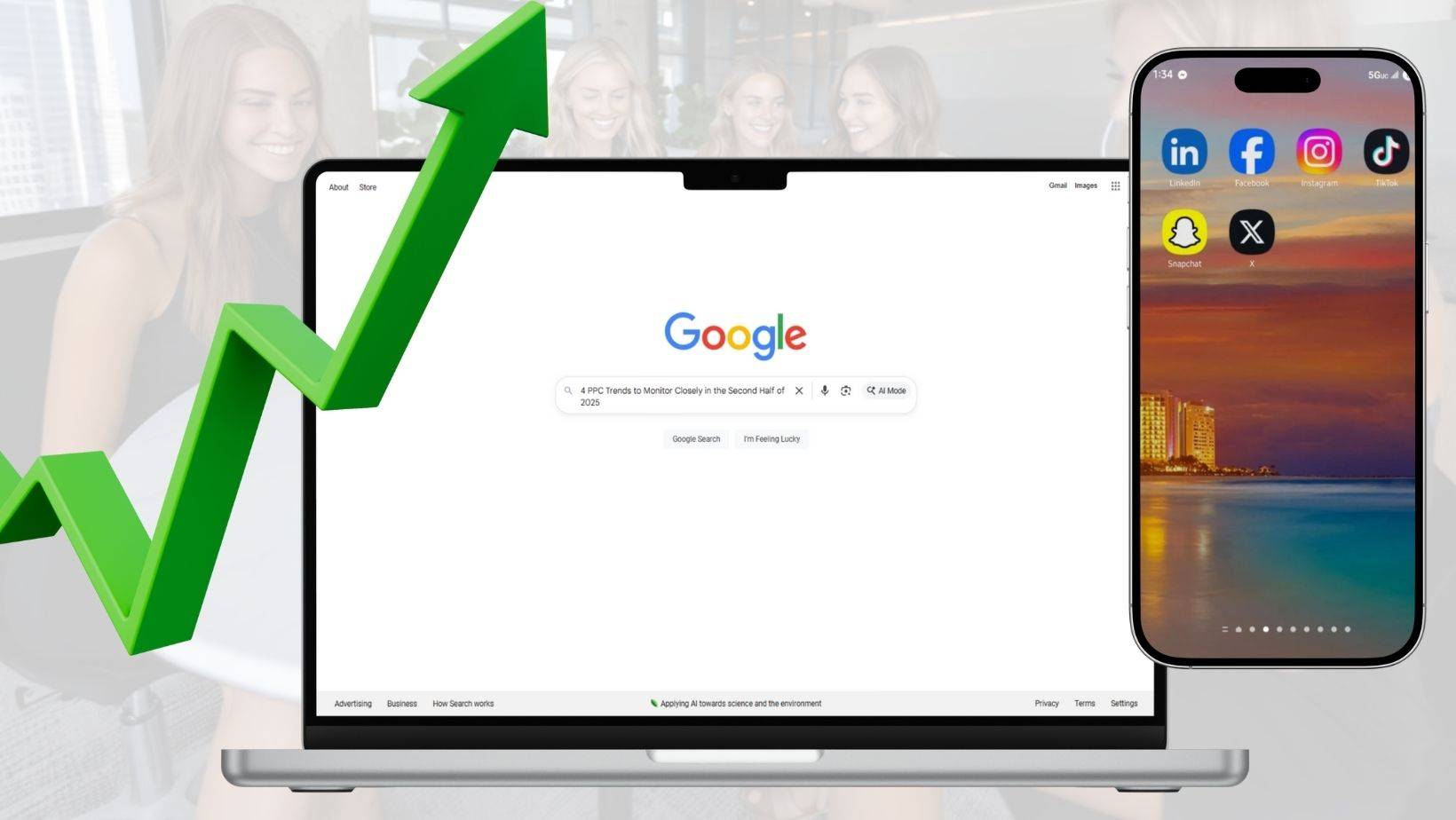 ppc trends. laptop and smartphone showing rising engagement costs across channels