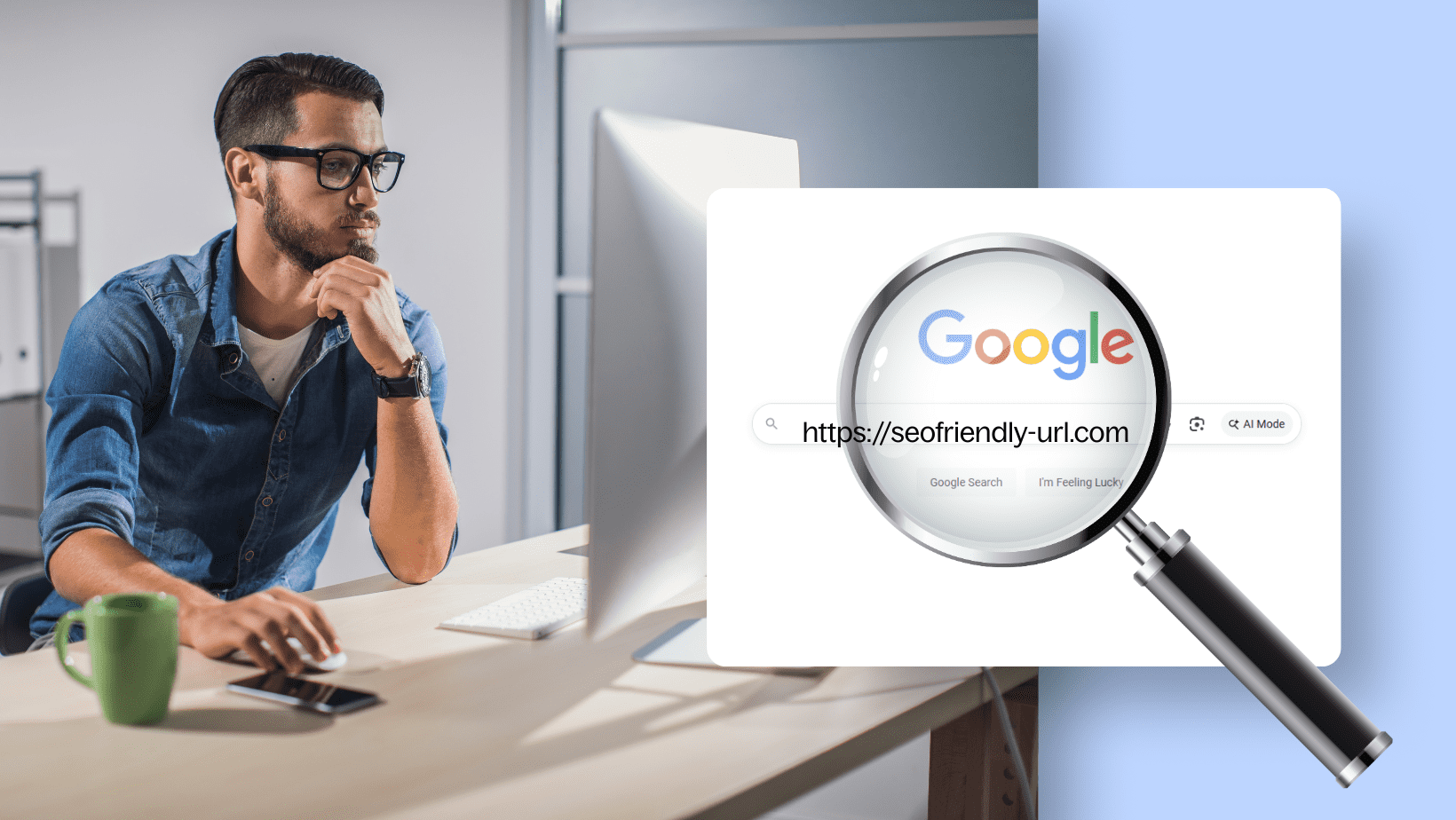 Man analyzing SEO-friendly URL on Google search with magnifying glass overlay.