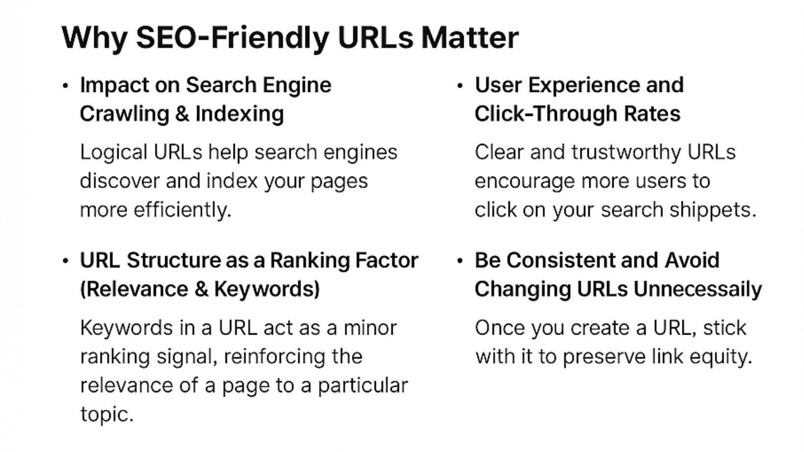 seo friendly urls benefits chart showing impacts on search engine indexing, ranking, user experience, and consistency.